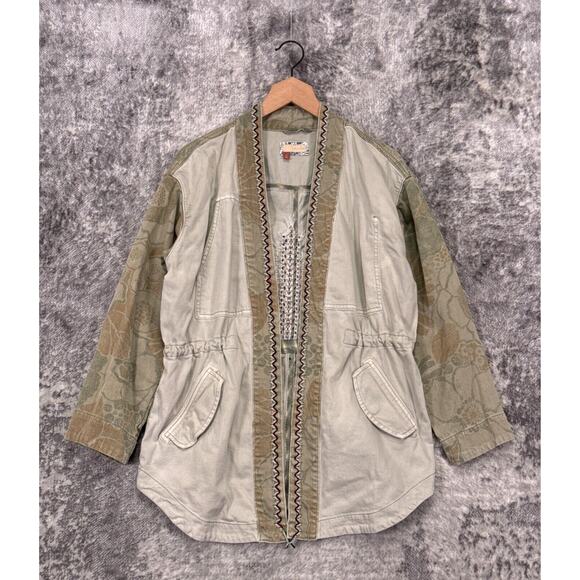 Anthropologie Jacket Medium Womens Green Denim Embroidered Kimono Open Front - Picture 1 of 8